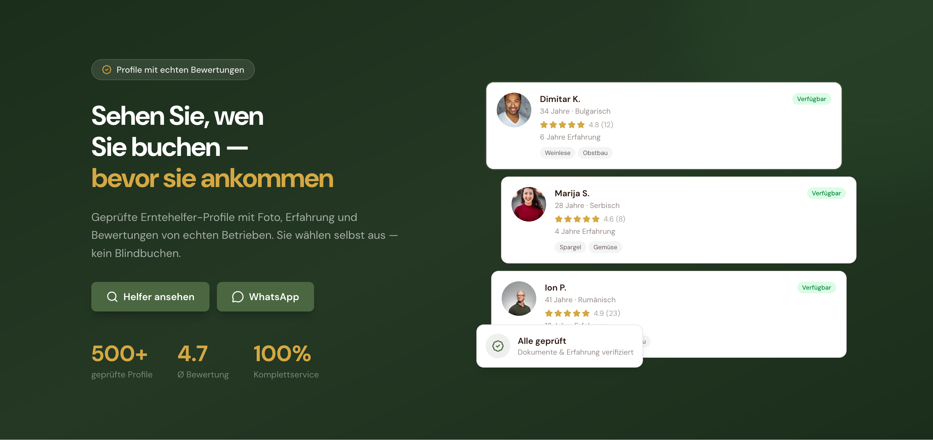 Saison-Direkt: Hero mit Profil-Auswahl und Verfügbarkeit