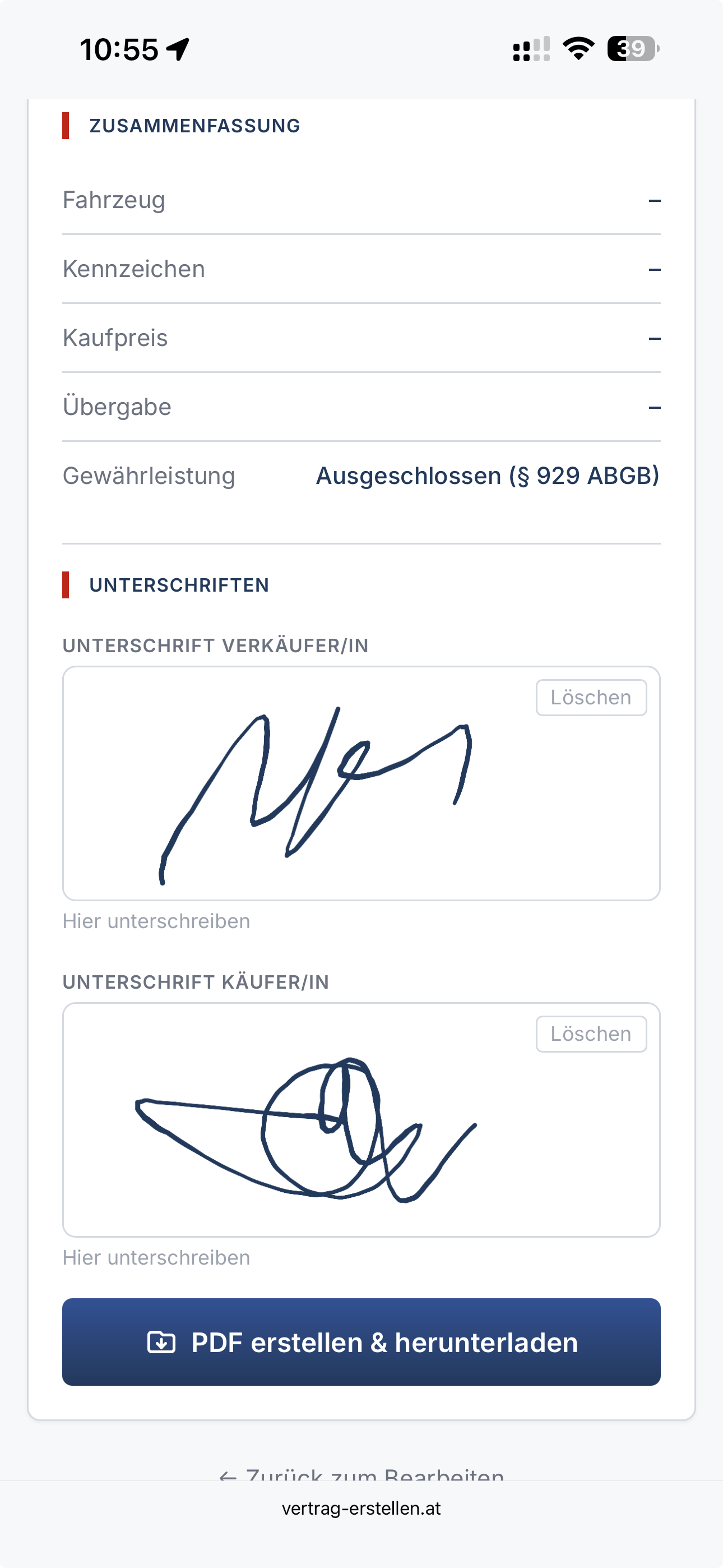 Letzter Schritt: Unterschrift verkäufer/in und käufer/in